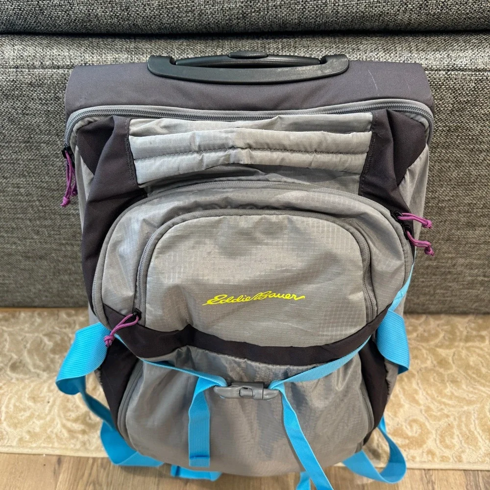 Eddie Bauer Expedition Rolling Duffel Bag Grey Ripstop Wheels Travel Luggage EUC